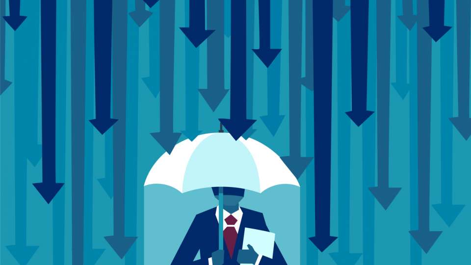Vector of a businessman with umbrella protecting himself from falling arrows