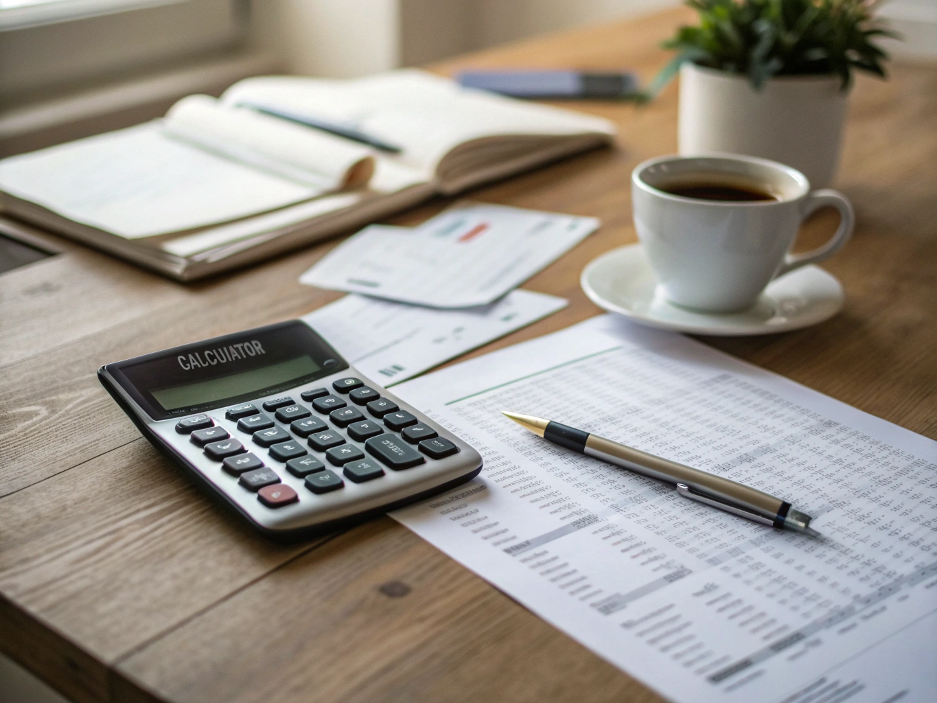 Financial documents and calculator on desk